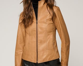 Camel Leather Jacket: Women&#39;s Fitted Zip-Up, Timeless Style