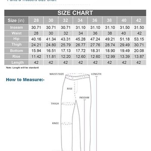 May include: A size chart for pants and trousers, displaying measurements in inches. The chart includes sizes from 28 to 42, detailing inseam, waist, hip, thigh, bottom, rise, and length. A diagram illustrates how to measure each part.
