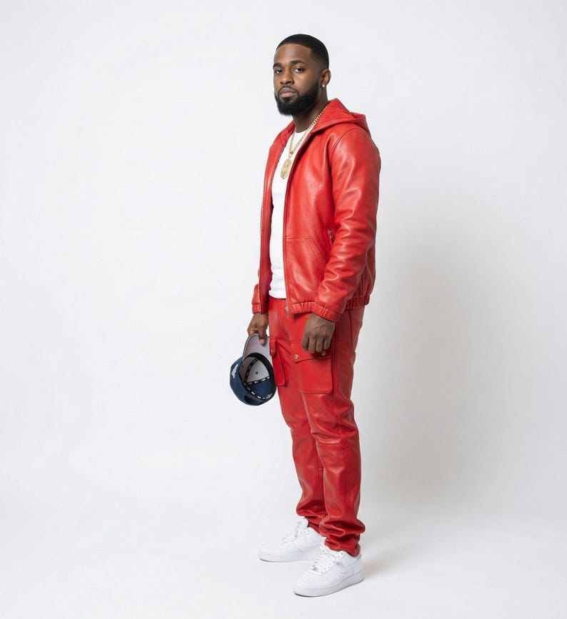 K&ouml;nnte beinhalten: Ein rotes Leder-Outfit, bestehend aus einer Jacke mit Kapuze und einer passenden Hose. Die Jacke hat einen Rei&szlig;verschluss und die Hose Cargotaschen. Die Person tr&auml;gt ein wei&szlig;es T-Shirt und wei&szlig;e Turnschuhe. Eine marineblaue und wei&szlig;e Baseballkappe wird in der Hand gehalten.