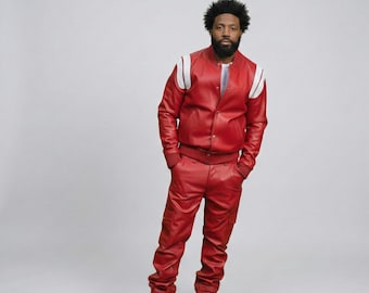 Men’s Red Leather Tracksuit Set – Bold Streetwear Jogger Outfit