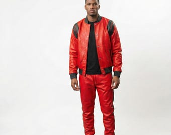 Men’s Red Leather Tracksuit with Black Accents – Bold Streetwear Jogger Set