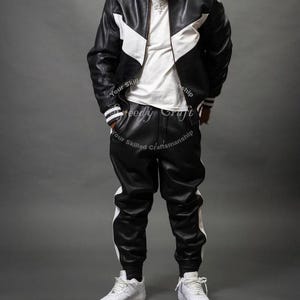 Handmade Sheep Leather Tracksuit: Black & White Jogging Suit