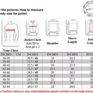Puede incluir: Diagrama con instrucciones sobre c&oacute;mo medir la talla corporal para una chaqueta. Incluye ilustraciones para el pecho, la sisa, el hombro, la longitud de la manga y la longitud de la chaqueta. Tambi&eacute;n se incluye una tabla de tallas, con medidas en cm y pulgadas.