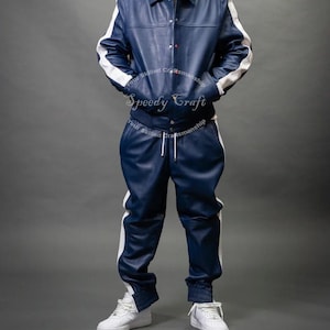 Handmade Sheep Leather Tracksuit: Navy & White Jogging Suit