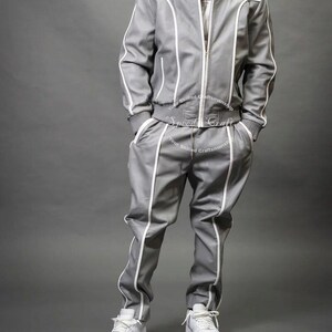 Handmade Sheep Leather Tracksuit: Grey & White Jogging Suit