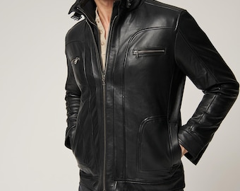 Café Racer Men&#39;s Leather Jacket Black Biker Genuine Sheep Skin Leather