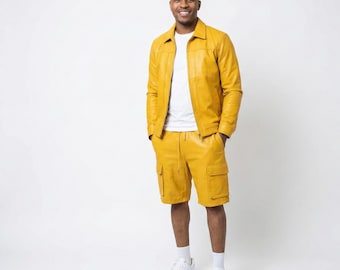 Knallgelbe Ledershorts für Herren – Echtleder Cargo Streetwear