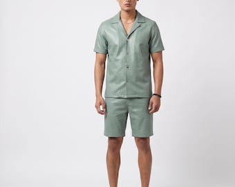 Saliegroene leren zomertrainingspak heren – outfit met korte mouwen, knopen en knopen