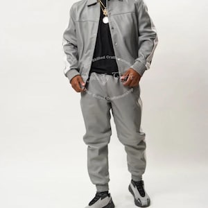 Handmade Sheep Leather Tracksuit: Grey & White Jogging Suit