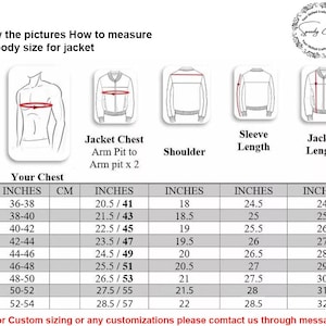 May include: Diagram showing how to measure body size for a jacket, with illustrations and a size chart. Includes measurements in inches and centimeters for chest, arm pit, shoulder, sleeve length, and jacket length.