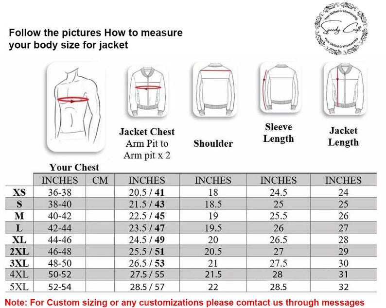 May include: Diagram showing how to measure body size for a jacket, with illustrations and a size chart. Includes measurements in inches and centimeters for chest, arm pit, shoulder, sleeve length, and jacket length.