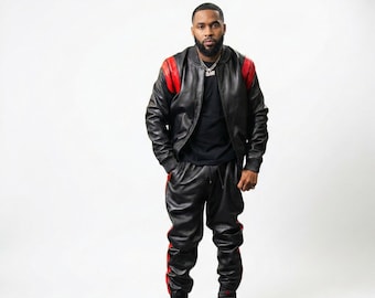 Black Leather Tracksuit for Men with Red Stripes – Sleek Athletic Street Style