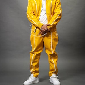 Handmade Sheep Leather Tracksuit: Yellow & White Jogging Suit