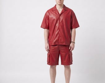 Rood leren zomertrainingspak heren – shirt met korte mouwen en shorts