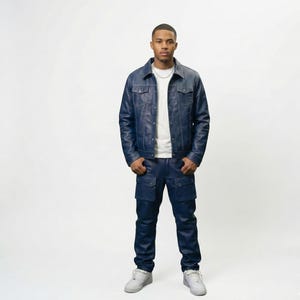 May include: A person wearing a navy blue leather jacket and matching cargo pants. The jacket has four pockets and a button-up front. The pants have multiple pockets. The person is also wearing a white t-shirt and white sneakers.