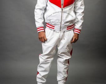 Handmade Sheep Leather Tracksuit: Red & White Jogging Suit