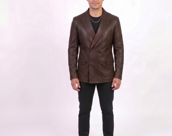 Herren Braun Leder Blazer Jacke - Slim Fit Zweireiher Mantel