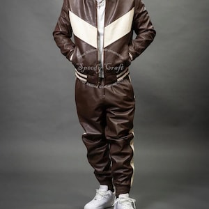 Handmade Sheep Leather Tracksuit: Chocolate & Cream Jogging Suit