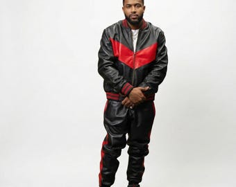 Handmade Sheep Leather Tracksuit: Black and Red Jogging Suit