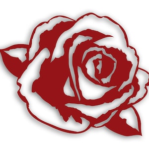 Könnte beinhalten: Stilisierte Illustration einer roten Rose mit weißen Highlights und einem weichen Schatten. Die Rose ist in voller Blüte dargestellt und zeigt ihre komplizierten Blütenblätter und zarten Details vor weißem Hintergrund.