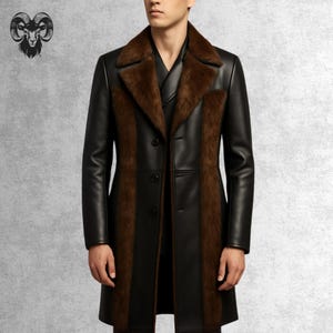 Leather Trench Coat | Black Leather Trench Coat | Men's Black Leather Coat with Cowhide Hair-on Panels