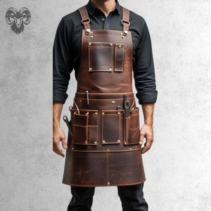 Leather Work Apron | Men’s Leather Apron with Pockets | Brown Leather Apron for Men | Father&#39;s Day Gift