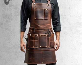 Handmade Full Grain Leather Work Apron: Heavy Duty Craftsman Tool Apron
