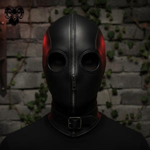 Black Leather Full Head Hood Mask with Front Zipper and Buckle Collar Custom Fit