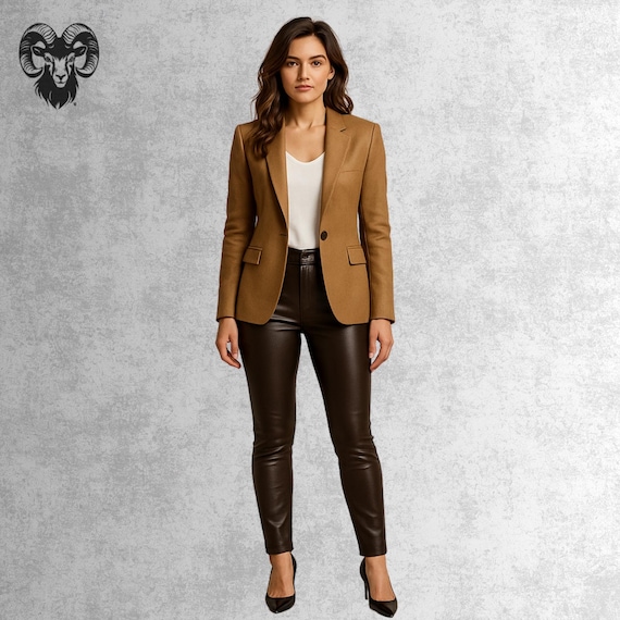 Calça de couro marrom feita à mão: cintura alta feminina slim fit