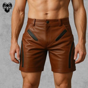 Handmade Brown Leather Biker Shorts: Men&#39;s Vintage Style with Black Accents