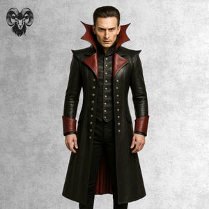 Handmade Gothic Vampire Leather Trench Coat: Red Accents, Steampunk Cosplay