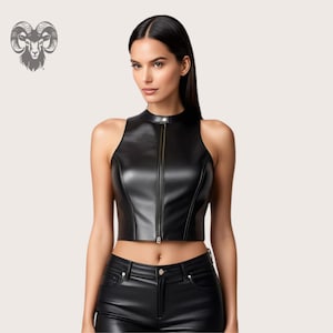 Handmade Black Leather Halter Crop Top: Moto Zipper Top