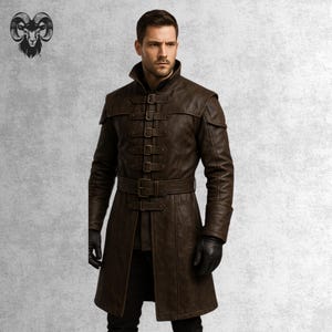 Handmade Brown Leather Trench Coat: Medieval Steampunk Style