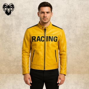 Leather Jacket | Biker Leather Jacket | Yellow Leather Jacket | Men&#39;s Biker Jacket | Racer Jacket
