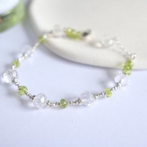 Peridot and Clear Quartz Bracelet – Natural Gemstone Jewelry, August Birthstone