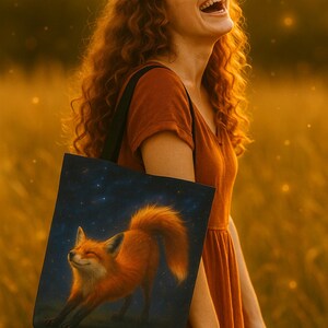 Stretching Fox Spirit Animal Tote – Playful Forest Energy, Clever Totem Animal, Boho Nature Gift, Intuitive Fox Bag