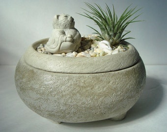 Cat Buddha Sculpture Zen Garden Air Plant Keepsake Stone Bowl