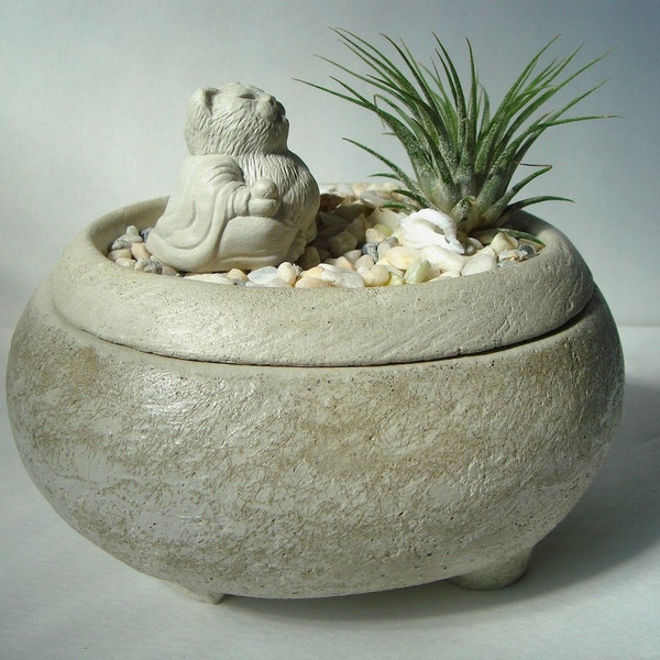 Cat Buddha Sculpture Zen Garden Air Plant Keepsake Stone Bowl