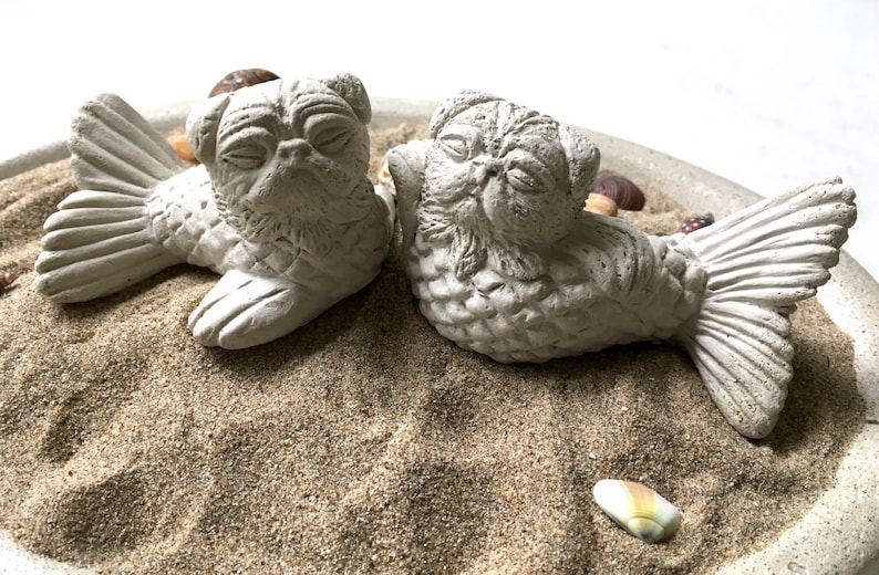 NEW Mini MerPug Mermaid DogFish Sculpture PAIR Pug Lover Gift