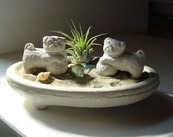 Pug Lucky Foo Dog Sculptures in Zen Dish Garden Air Plant Terrarium / Pug Lover Gift