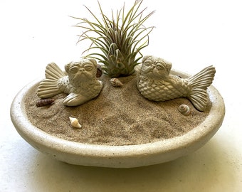 NEW! Mini MerPug Mermaid DogFish Sculpture PAIR in Zen Garden Air Plant Bowl / Pug Lover Gift