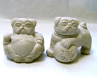 2 Mini Lucky Zen PUG Dogs Buddha and Foo Bonsai Statues