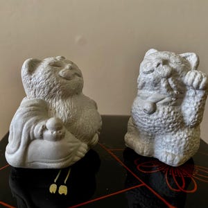 2 Mini Lucky Cat Figurines  Zen Cat Buddha and Maneki Neko