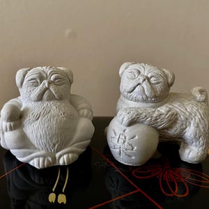 2 Pug Bonsai Figurines Mini Lucky Buddha and Foo Dog