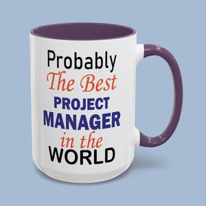 Puede incluir: Una taza de cerámica blanca con interior y asa de color morado. La parte frontal muestra el texto "Probably The Best PROJECT MANAGER in the WORLD" impreso en letras negras, naranjas y azules con diferentes tamaños y estilos sobre el fondo blanco.