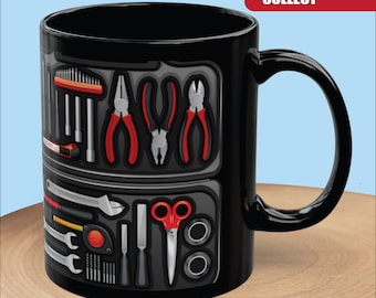 Mechaniker Werkzeuge bedruckte Tasse | Auto Mechaniker Geschenk | Mechaniker Werkzeugkasten bedruckte Kaffeetasse | Mechaniker Geschenkidee | Schwarze Keramik Tasse 11oz, 15oz