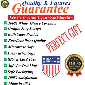 以下が含まれることがあります： Quality & Fatures GuaranteeおよびWe Care About your Satisfactionというテキストが記載された白い情報グラフィック。100% White Glossy Ceramics、Microwave Safe、Dishwasher Safe、BPA & Lead Free、Made in USAなどの特徴がリストされています。