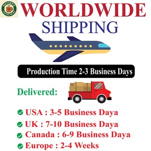 May include: Image promoting worldwide shipping. Features a blue and yellow airplane, a red truck carrying boxes, and text indicating production time and delivery estimates for the USA, UK, Canada, and Europe. The logo for Giftartix Coffee Mugs is in the top left corner.