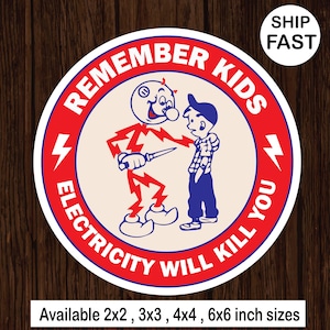 Reddy Kilowatt Cartoon Sticker: Electricity Safety Warning, Vintage Style
