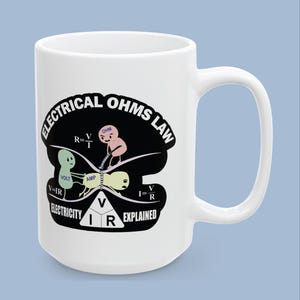 May include: A white ceramic mug featuring a black graphic design titled ELECTRICAL OHMS LAW ELECTRICITY EXPLAINED. The illustration depicts three cartoon characters labeled VOLT, AMP, and OHM interacting with formulas R=V/I, V=IR, and I=V/R.